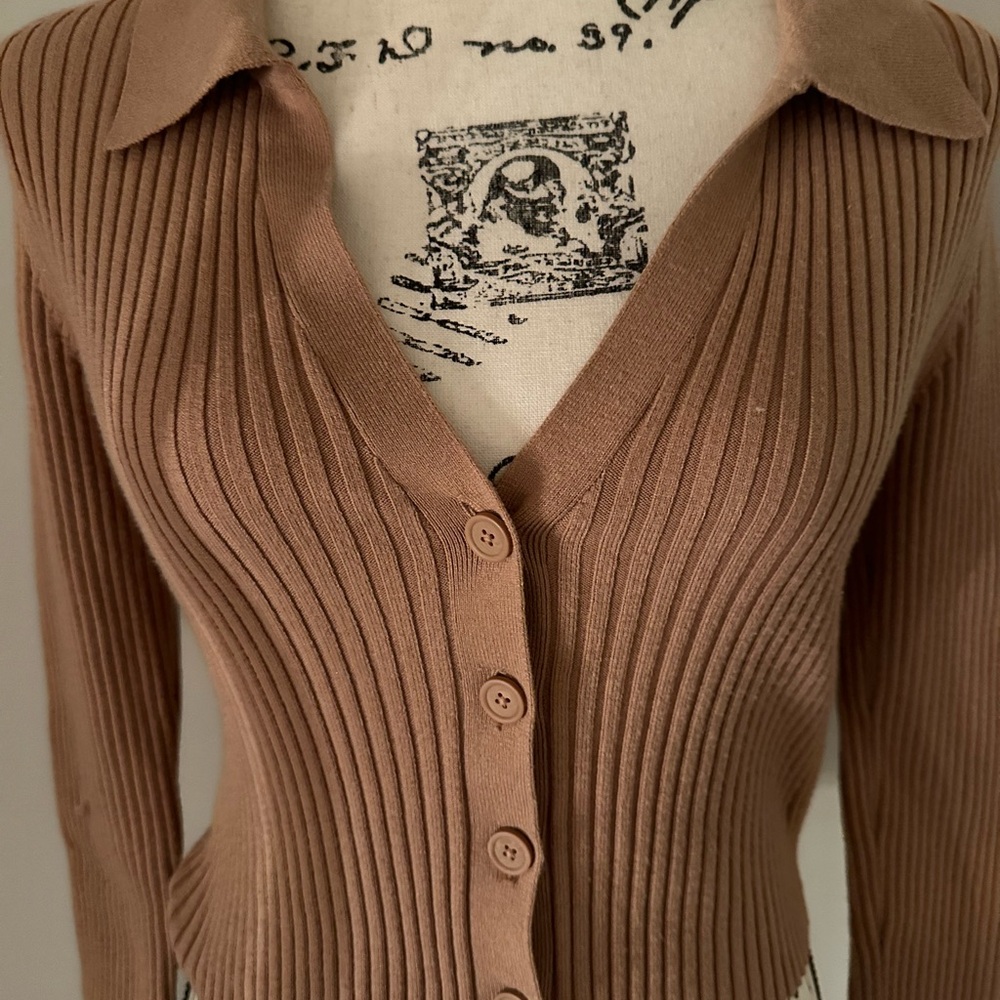 Aerie Tan Ribbed Button-Up Cardigan - Picture 2 of 4